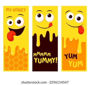 Set of honey banner with yummy emoji. Smiling yummy emoticon on yellow background. Inscription Yum yum. Tasty food, gourmet enjoying taste. Can be used with t-shirt, stickers, card design. Vector EPS8