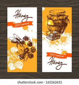 Set of honey banners with hand drawn sketch illustrations