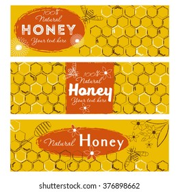 Set of honey banners with hand drawn sketch illustrations. Natural honey sketch background.