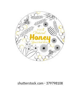 Set of honey banners with hand drawn sketch illustrations. Natural honey sketch background.