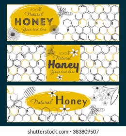 Set of honey banners with hand drawn sketch illustrations. Natural honey sketch background.