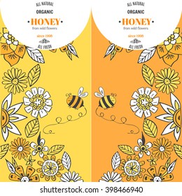 Set of honey banners with hand drawn sketch illustrations.Honey cards. Stock vector