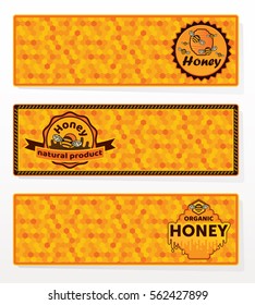 Set of honey banners. Packaging design templates. Stickers and labels with honeycomb background