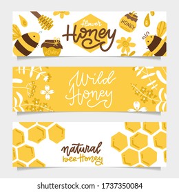 Set of Honey banners. Trendy hand drawn bee and honeyed flower, honeycomb. Flat vector Illustration of healthy food, natural sweet hone web poster.