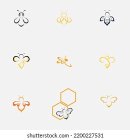 set of honey bee animals and honeycomb logo vector icon illustration design