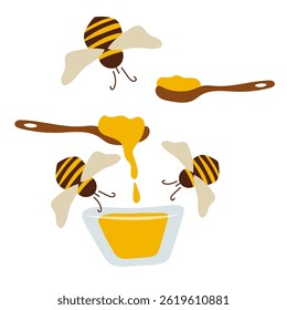Set with honey and bee. Beekeeping illustration. Spoon of honey.