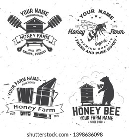 Set of Honey bee farm badge. Vector. Concept for shirt, print, stamp or tee. Vintage typography design with bee, hive and bear beekeeper silhouette. Retro design for honey bee farm business