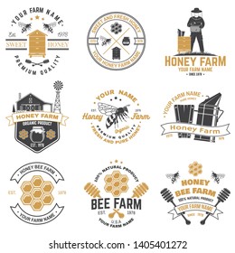 Set of Honey bee farm badge. Vector. Concept for shirt, print, stamp or tee. Vintage typography design with bee, honeycomb piece, hive and honey dipper silhouette. Design for honey bee farm business