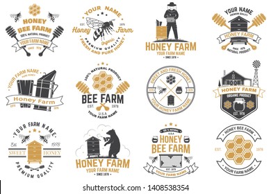 Set of Honey bee farm badge. Vector. Concept for shirt, print, stamp or tee. Vintage typography design with bee, honeycomb piece, hive and honey dipper silhouette. Design for honey bee farm business