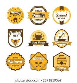 Set of Honey Bee Farm Badge label Collection Stamp Template. Abstract Vector Packaging Design Layout. Beekeeping logo, retro bee badges.