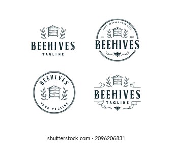Set of honey, bee, hives, vintage logo design