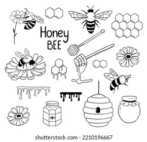 Está rodeada de abejas, panes de miel y colmenas aisladas en blanco. Insectos en el estilo de contorno dibujado a mano. Colección de la ilustración del doodle de vector monocromo.