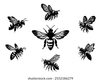 set of honey bee icon vector silhouette art illustration design, Bee icon silhouette vector, Bee Vector