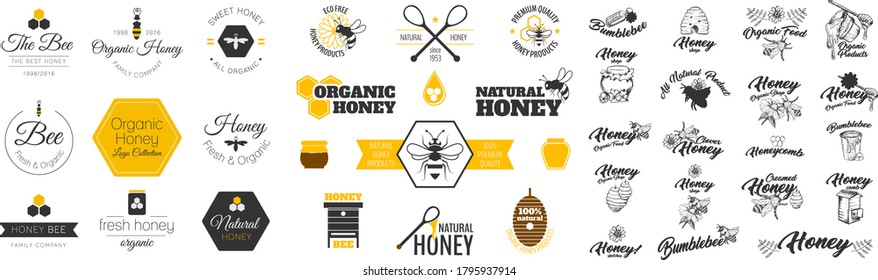 set of honey and bee label, sticker, vintage and retro. vector illustration