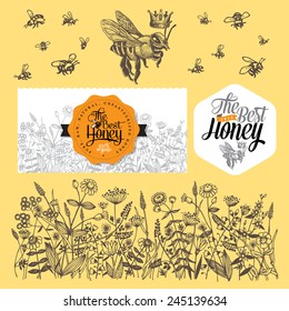 Set for honey and bee labels. Hand drawn illustrations. Vector Illustration.