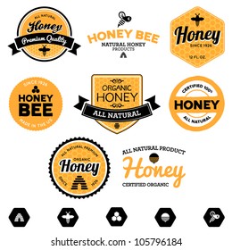 Set of honey and bee labels for honey logo products