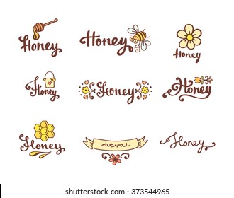 Set of honey and bee logo. Label and logotype design elements