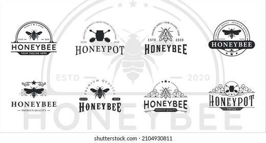 set of honey bee logo vintage vector logo illustration template icon graphic design. bundle collection of various honey and bee icon with typography style