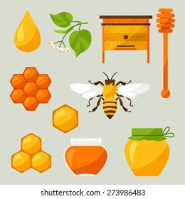 Set of honey and bee objects, icons.
