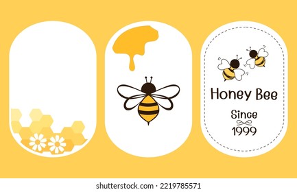 Juego de logotipo de señas de abejas con dibujos animados de abejas y flor sobre fondo blanco ilustración vectorial.