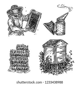 Set of honey. Beekeeper, smoker, honeycomb and wooden hive. Sketch. Engraving style. Vector illustration.