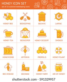 Set of honey and beekeeping colorful icons. Collection of vector flat apiary symbols.