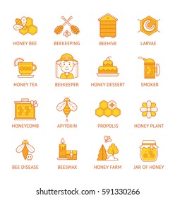 Set of honey and beekeeping colorful icons. Collection of vector flat apiary symbols.