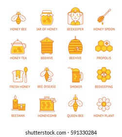 Set of honey and beekeeping colorful icons. Collection of vector flat apiary symbols.