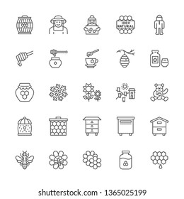 Set of Honey and Beekeeping Line Icons. Beekeeper, Wooden Barrel, Honeycombs, Protective Suit, Beehive, Apiary, Bee and more. Pack of 48x48 Pixel Icons