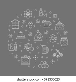 Set of honey and beekeeping outlined icons. Collection of vector flat apiary symbols.