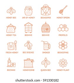 Set of honey and beekeeping outlined icons. Collection of vector flat apiary symbols.