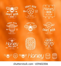 Set of honey beer labels, badges and design elements. White print on blurred background