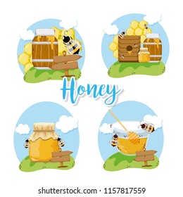Set of honey and bees
