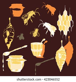 Set with honey bees, hive, pots. Vector illustrations.