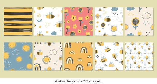 conjunto de abejas con temática de abejas melíferas en un jardín de flores de estilo escandinavo. conjunto de patrones vectoriales con un tema de ilustración boho, perfecto para diseños de niños y bebés