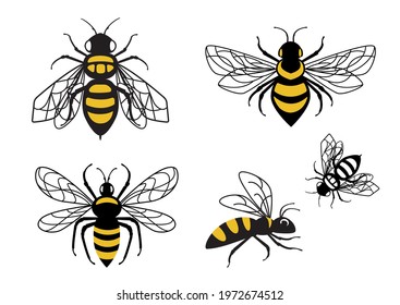 Set of honey bees. Vector summer bees. For the Day of Protection of the Bees. Save the bees. Suitable for cutting SVG files on a plotter. Bumblebee for t-shirt design