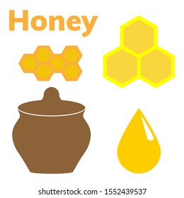 Set of honey: clay pot, drop, honeycomb of different sizes. Ceramic jar isolated on white background. Vector stock illustration. 