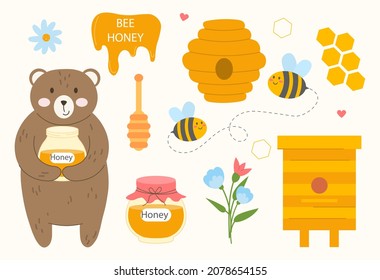 Set of honey. Collection of childrens images. Bear, honeycomb, apiary. Pictures for printing on Tshirts, website design, flower, jar. Cartoon flat vector illustrations isolated on white background