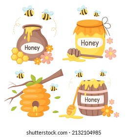 Set of honey concept elements. Collection of isolated illustrations for honey label, products, package design. Flat vector style.