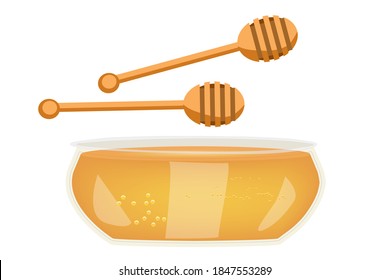 Set of honey. Honey dipper and bowl isolated on white background. Glass cans jar full of honey. Wooden stick dipper. Traditional sweet dessert for Rosh Hashanah, Jewish New Year. Vector illustration