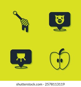 Set Honey dipper stick, Apple, Udder and Pig icon. Vector