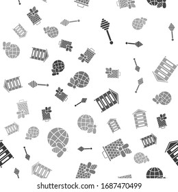 Set Honey dipper stick, Bee and honeycomb, Hive for bees and Honeycomb map of the world and bee on seamless pattern. Vector