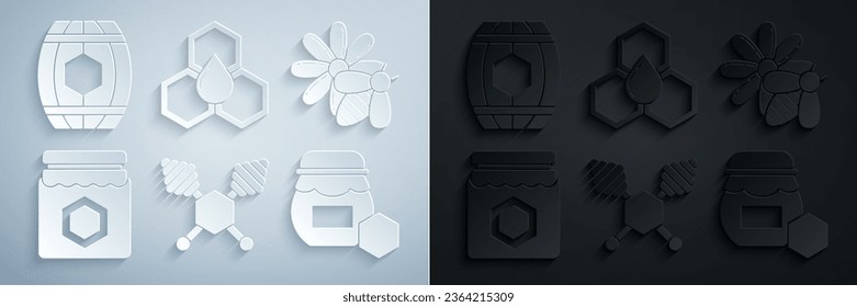 Set Honey dipper stick, Bee and flower, Jar of honey, Honeycomb and Wooden barrel with icon. Vector