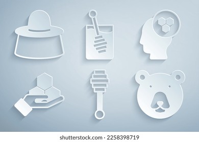 Set Honey dipper stick, Beekeeper, Honeycomb and hand, Bear head,  and with protect hat icon. Vector