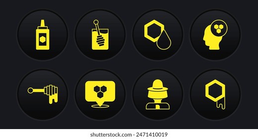 Set Honey dipper stick with honey, Beekeeper, Honeycomb bee location, protect hat,  and Jar of icon. Vector