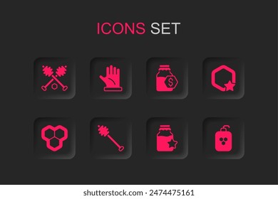 Set Honey dipper stick, Beekeeper glove, Jar of honey, Honeycomb, Cosmetic tube with, Sale in jar and  icon. Vector