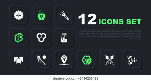 Set Honey dipper stick, Bees, Honeycomb, Sale of honeycomb, Jar and and bee location icon. Vector