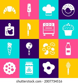 Set Honey dipper stick, Bottle with milk, Cake, Chef hat, Knife, Cutting board, Croissant and Oven icon. Vector