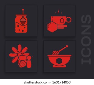 Set Honey dipper stick and bowl, Jar of honey and honey dipper stick, Cup of tea with honey and Bee and flower icon. Vector