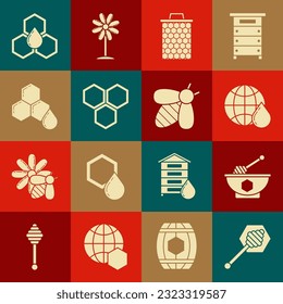 Set Honey dipper stick, and bowl, Honeycomb map of the world,  and Bee icon. Vector